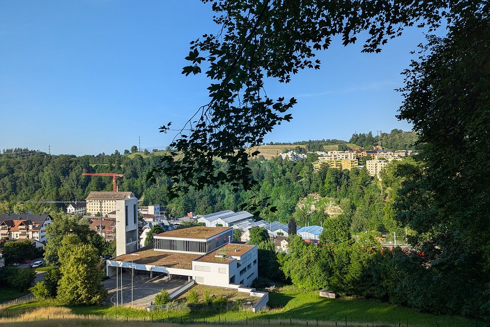 Langnau am Albis in the Sihl valley, seen through trees from the hillside above.